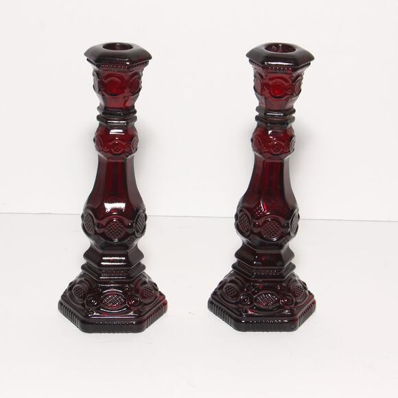 Vintage Avon 1876 Cape Cod Collection Ruby Red Glass Candlestick Pair EMPTY - Picture 2 of 6